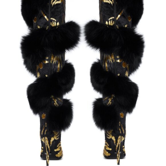 Jennifer Le BLK GLD X (RUNWAY) Thigh Boots RETAILS $1,150 REAL LEATHER & FOX FUR - Picture 3 of 10